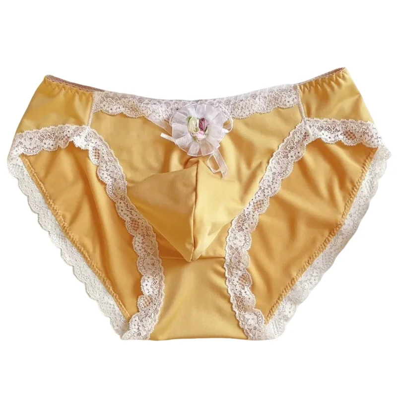 

Желтые кружевные сексуальные мужские трусы с цветочным принтом, эластичные трусики с низкой талией, мягкие удобные дышащие выпуклые трусики BF, подарочное нижнее белье