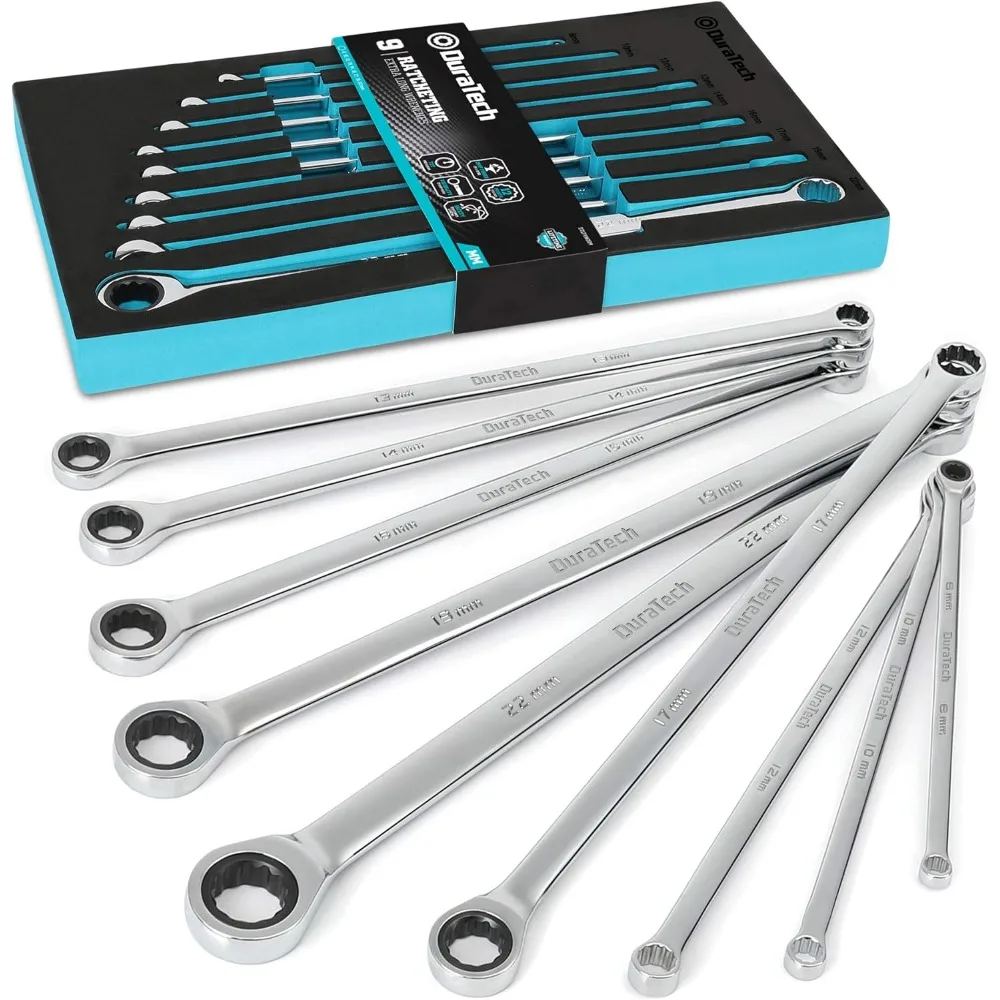 Extra Long Ratcheting Wrench Set, Double Box End Wrench Set, Metric, 9-PieceCR-V Steel, with EVA Foam Tool Organizer