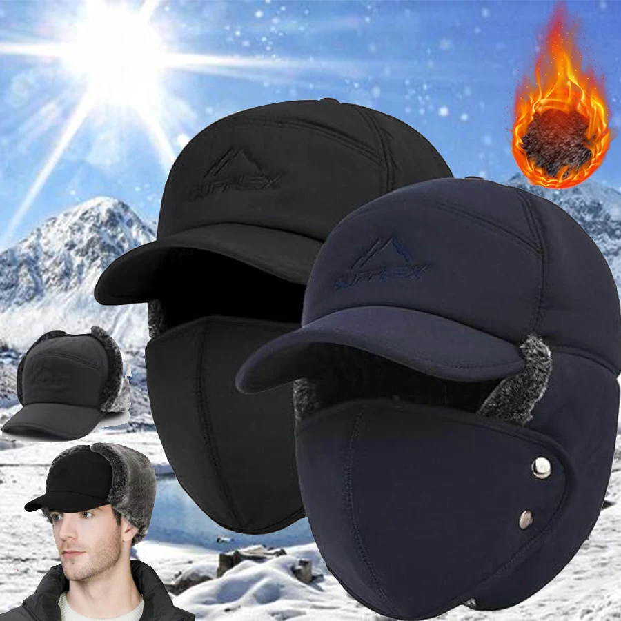 2 Teile/satz Winter Trapper Hut 3 in 1, Thermo Gefüttert Ohrenklappe Gesichtsbedeckung für Skifahren Motorrad Jagd, Winddichte Kaltkopfbedeckung