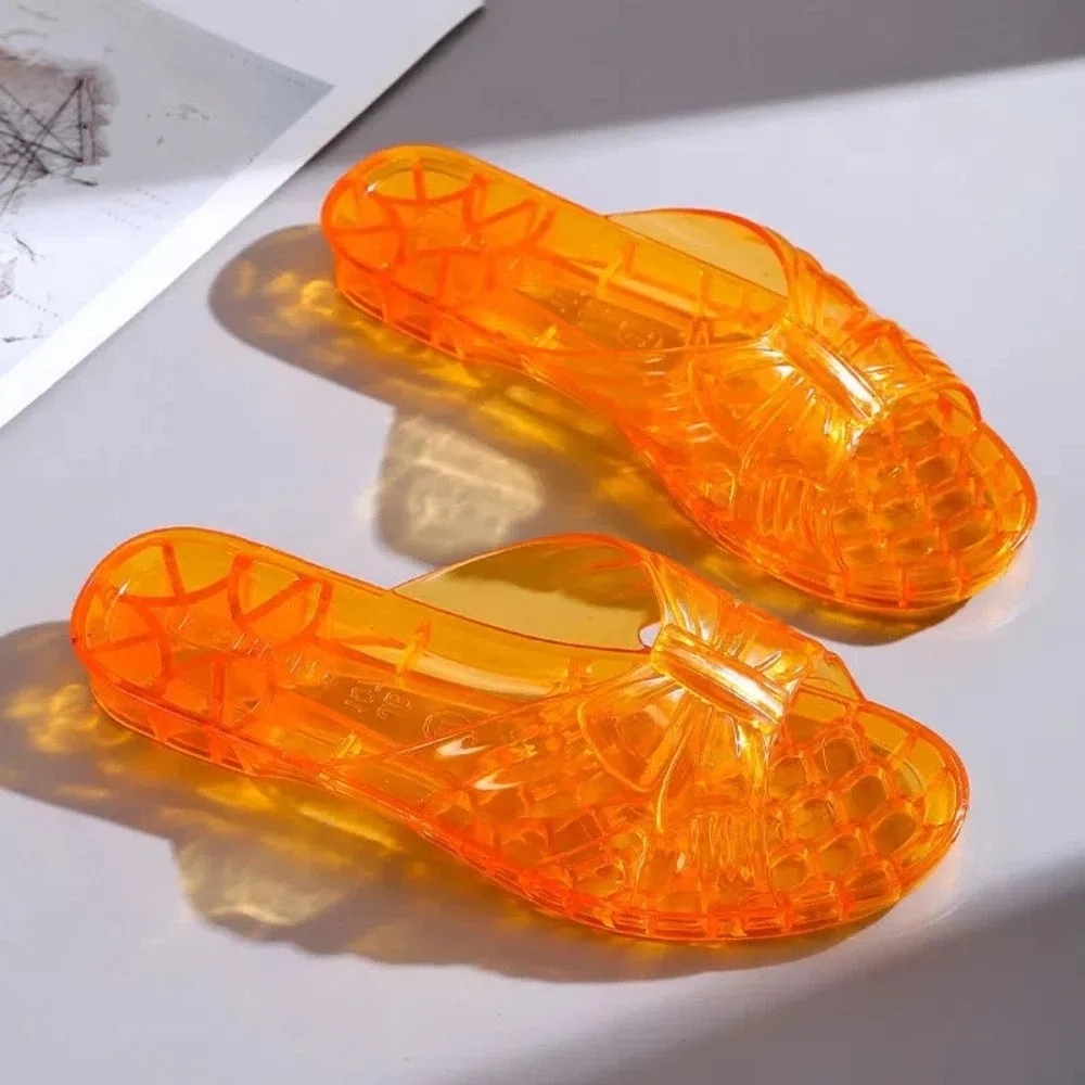 Simple Transparent PVC Crystal Slippers Anti Slip Low-heel Slides Sandals Beachwear Shoes Flats Slippers Women Summer view 4
