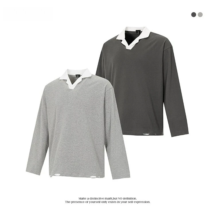 

Осенний новый американский ретро-стиль 2024, простой базовый топ с v-образным вырезом и длинными рукавами, воротником-поло, 50% хлопок