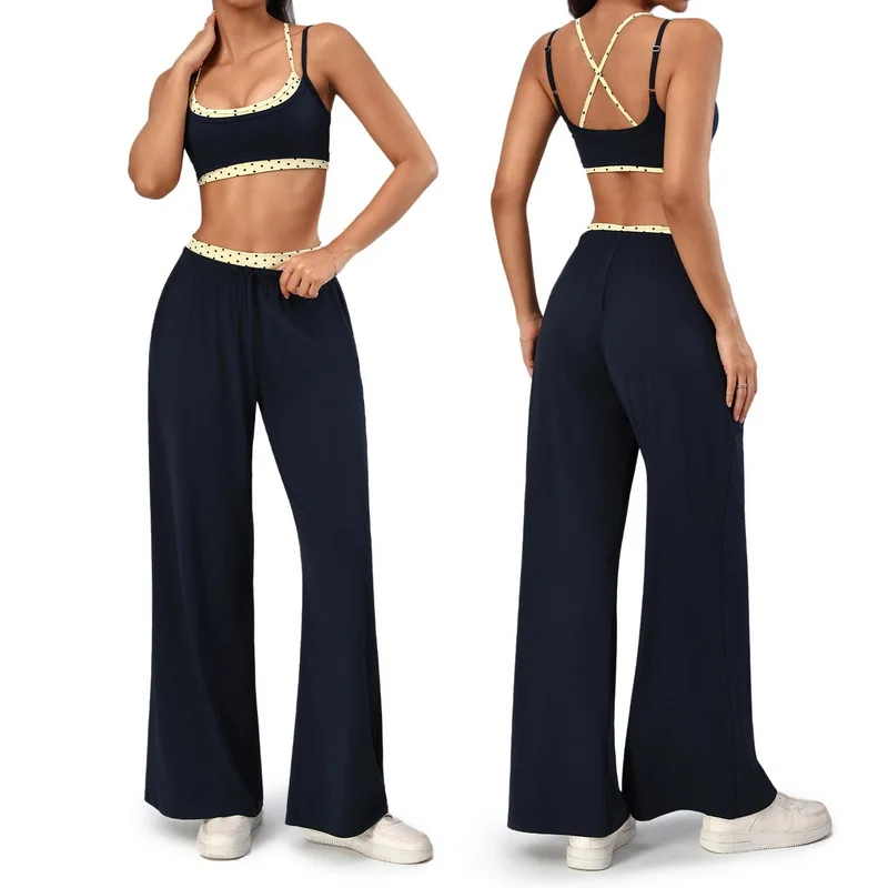 Yoga Suit Fake Two-piece Neck Hanging Suspender Bra Polka Dot Contrasting Color Waist Drape Wide Leg Pants Sportswear