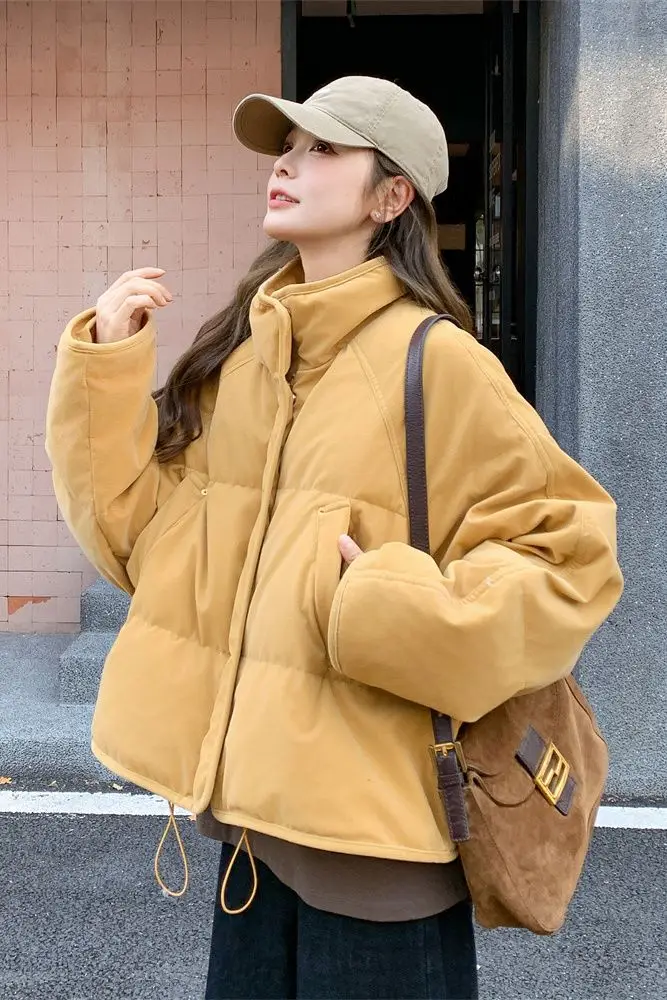 Gola curta para baixo jaqueta acolchoada de algodão 2025 inverno zíper estilo viajante cor sólida casaco feminino acolchoado de algodão