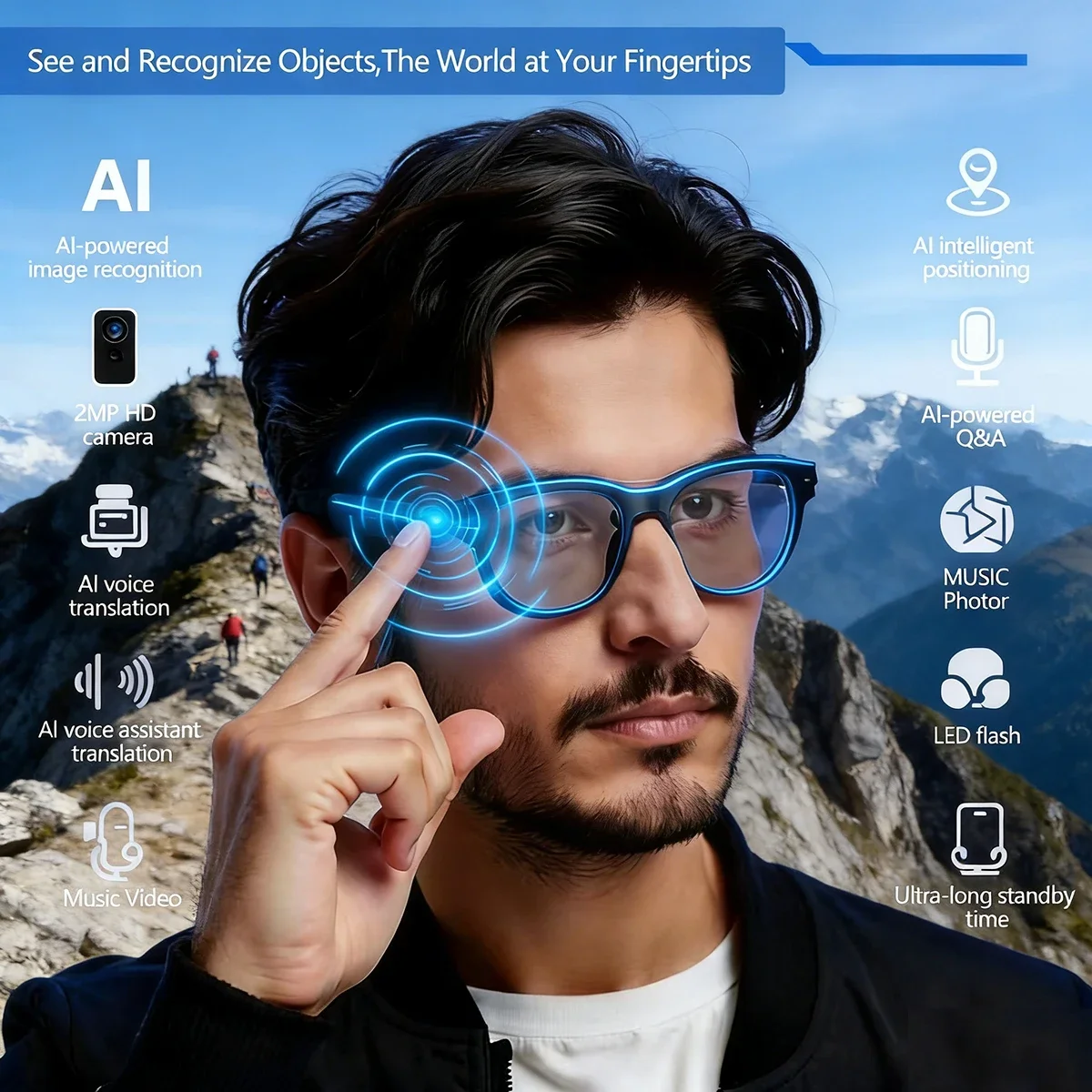 

Unisex Camera Glass BT V5.3 Sunglasses 200W Outdoor Sports Headphones HIFI Sound Anti-touch Technology Black