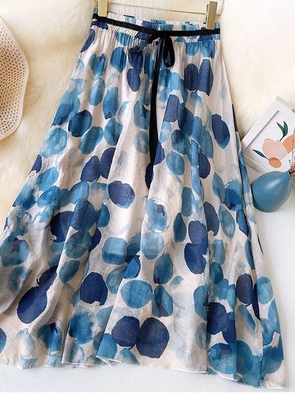 Falda Midi acampanada con estampado Retro, corte holgado, azul, Floral, Primavera Verano, versátil, cintura alta, para ir al trabajo, Faion para mujer