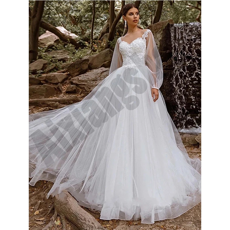 

Simple Wedding Dresses Appliques Beach Vestidos De Novia Full Puffy Sleeve Luxury Square Neck A-Line Lace Up Robe de mariee