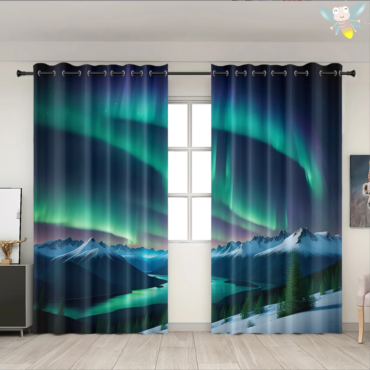 2PC high blackout perforated polyester curtain, double-sided matte, left and right facing, beautiful Nordic scenery aurora