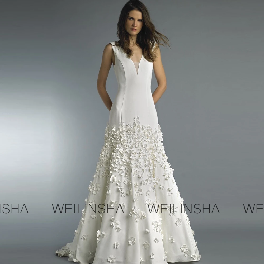 Dreamy Geometric Silhouette Gowns Jersey Mermaid/Trumpet Wedding Party Dresses Ivory V-neck Applique Ruched Church Wedding Dress