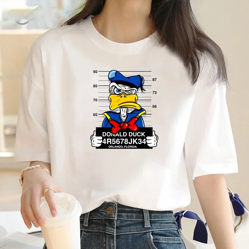 

Cartoon Donald Duck Print Women's Cotton T-shirt Summer Casual O Collar Short Sleeve Fashion Cotton Top Simple Women's Clothing
