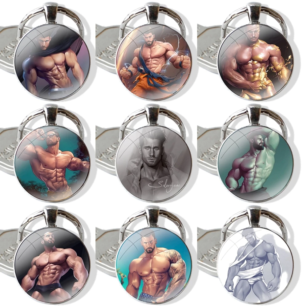 Keychain Handmade Glass Cabochon Key Ring Holder Pendant Key Chains Sexy Man Super Strong Muscle Male