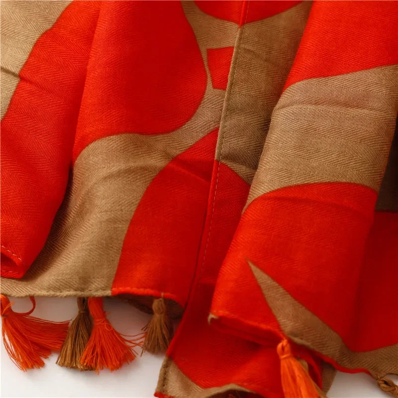 New Women\'s Summer Korean Version of All Matching Thin Gauze Scarf Cotton and Linen Scarf Red and Brown Printed Hijabs