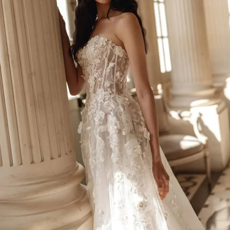 Customized White Ball Gown Royal Wedding Dresses off-shoulder Slit Long tail Tull Lace Decal applique Made Robe De