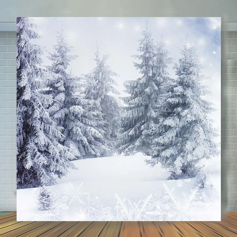 Winter Christmas Background Frozen Pine Forest Xmas Tree Presents Decoration Photography Backdrop Baby Portrait Studio Wallpaper