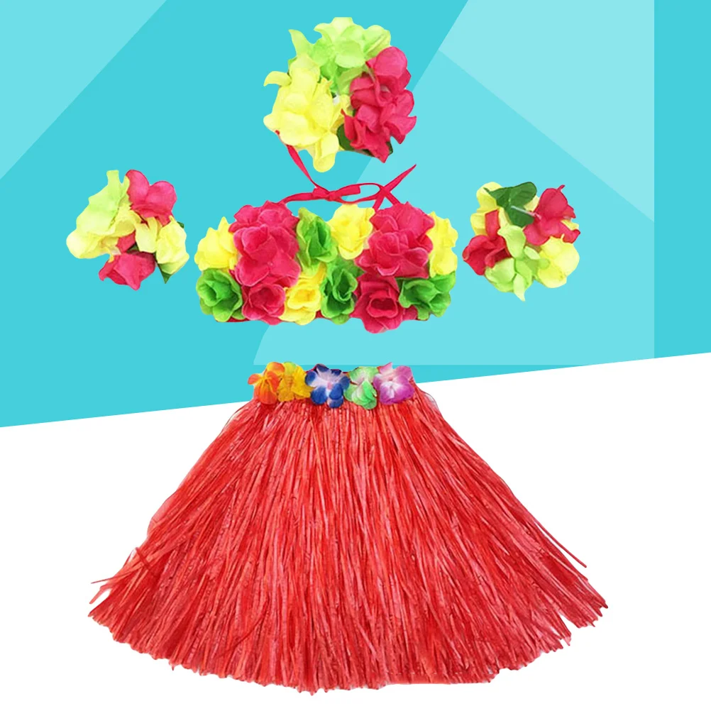 

5Pcs Tropical Hula Grass Skirt Outfit Includes Bra Headband Bracelets Adjustable Elastic Waist 40Cm Red Hawaii Grass Skirt