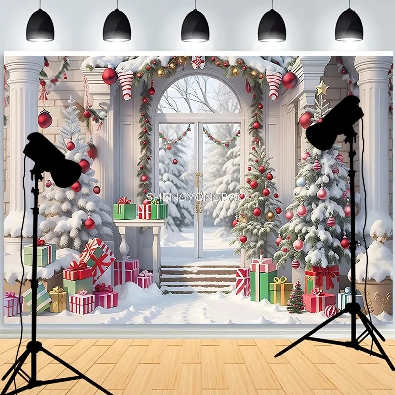 

Archway Snow Christmas Day Background Fireplace Living Room Window Decoration Family Party New Year Photography Backdrops AG-06