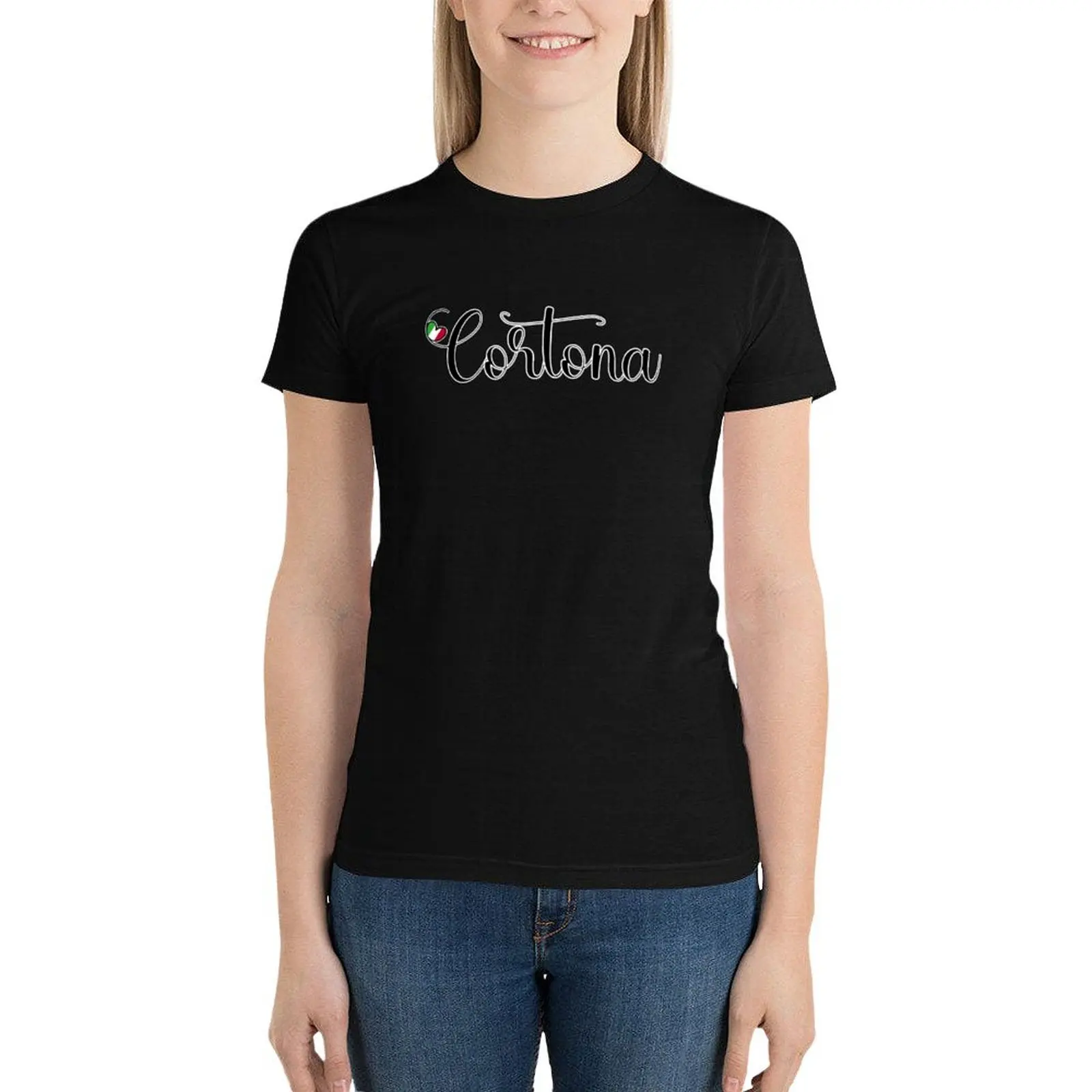 Cortona com coração italiano para mulheres, t-shirt bonito da Itália, roupas de senhora, t-shirts soltas, eu amo Cortona