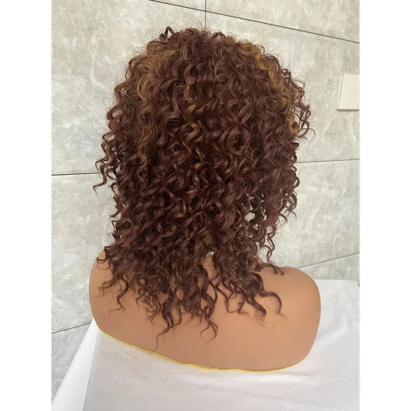 Afro Kinky CurlyAuburn Mix Brown Synthetic Hair Wig Women Soft Natural Daily Use