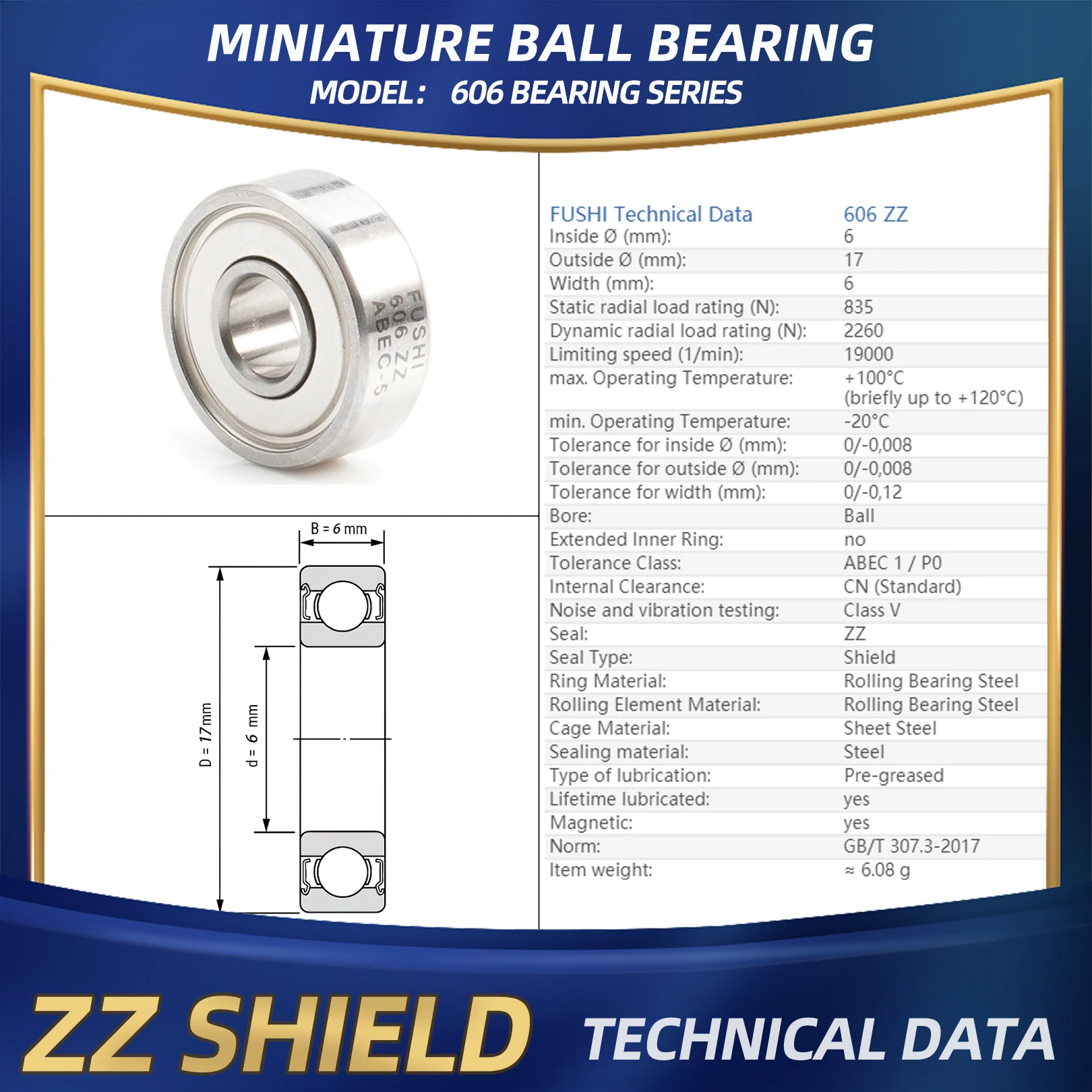 FUSHI 606 ZZ Bearing 6x17x6 mm 10Pcs 606ZZ RS 2RS Flange Handpiece Bearings For Strong Industrial Motors High Speed