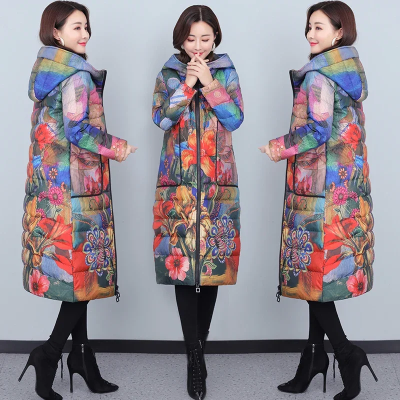 2022 Winter Fall Women Hooded Floral Pattern Warm White Duck Down Long Coat , Woman Clothes 5xl Coats with A Hood