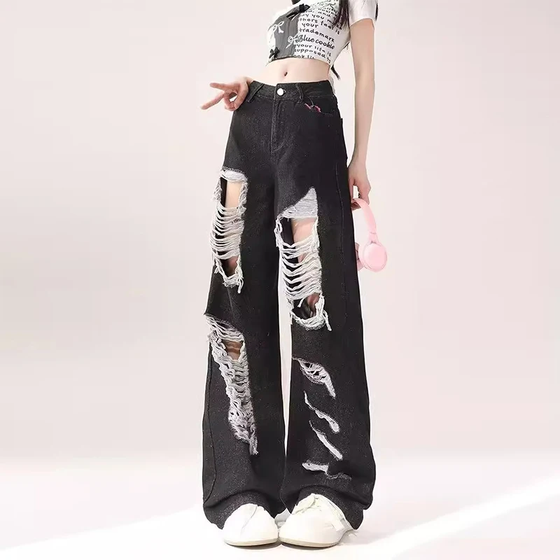 Fashion High Waist Casual Retro American Style Ripped Jeans