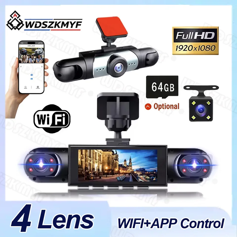 4-Channel WiFi Dashcam Car Camera Black Box Driving DVR FHD 1080P Front Left Right Rear Cameras with Night Vision Loop Recording