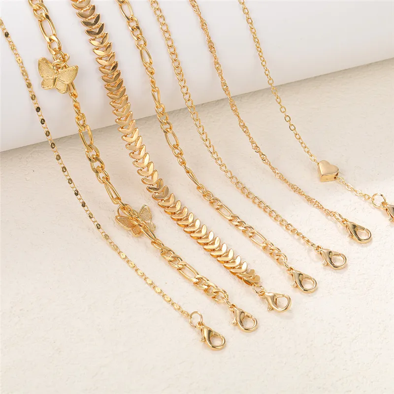 طقم خلخال فراشة وقلب عتيق ذهبي اللون للنساء ، خلخال متعدد الطبقات ، سوار على قدم الساق ، هدايا مجوهرات الشاطئ ، 7 في كل مجموعة #3