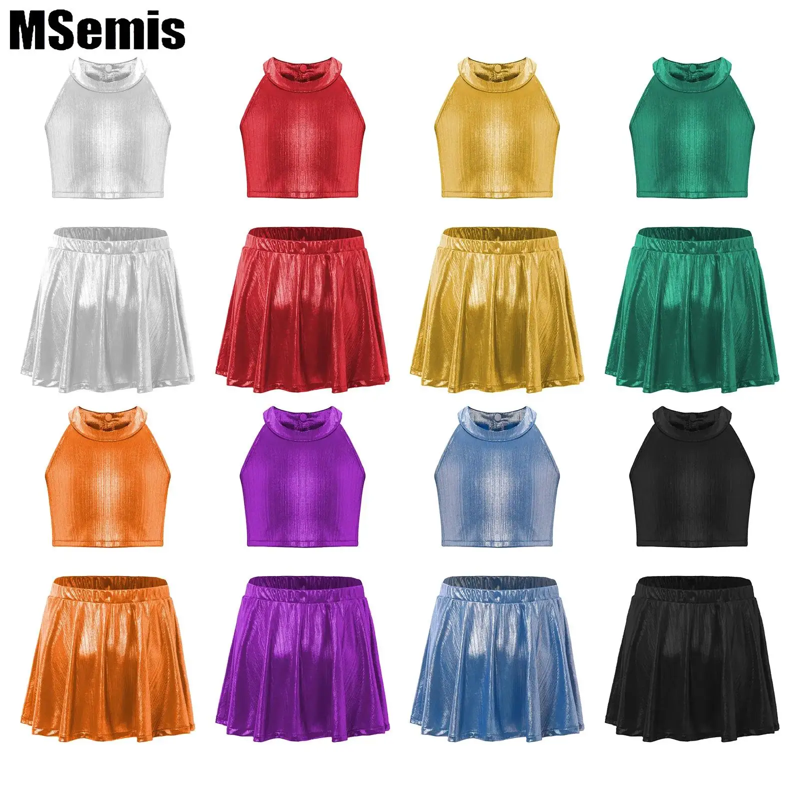 

Kids Girls Metallic Dance Sets Sleeveless Crop Top Shimmery Camisole with Metallic Ruffled Skirt for Performance Hip-Hop Jazz