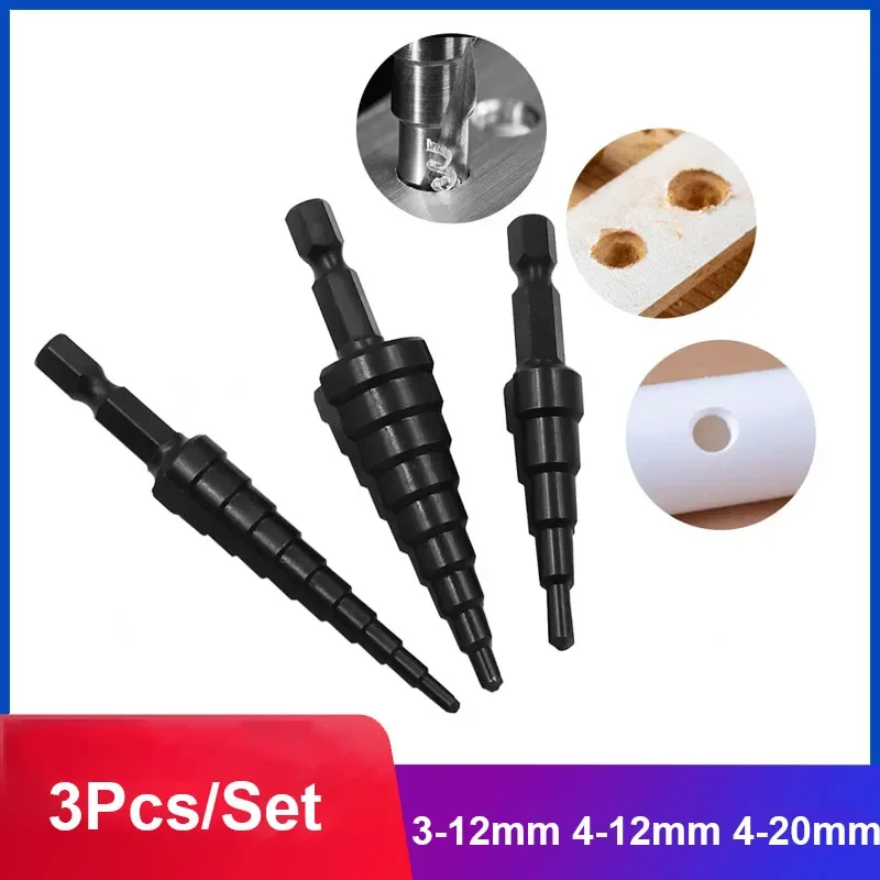 3Pcs/Set Hexagonal Shank Straight Groove Black Step Drill Bit Set 3-12/4-12/4-20/4-32mm Reaming Step Drill Tower Drill Tool Set