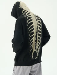 Streetwear Vintage Y2K Skull Crochet Hoodie Mens Spring Fashionable Loose Furry Fleece Hooded Sweatshirt Men Casual Knit Hoodies