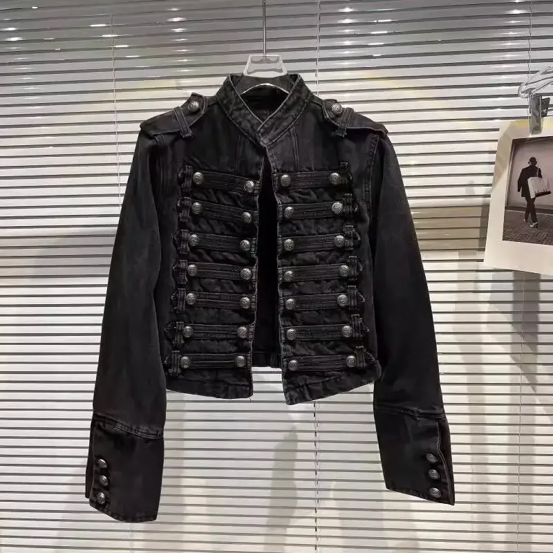 DEAT Damen Y2K Gothic Cropped Jeansjacke 2026 Herbst Neu Metallschnalle Schulterriemen Vintage Militär Kurze Jeansjacke 11A0699 – Detail 18