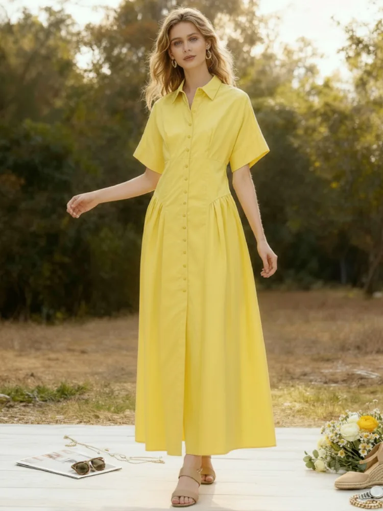 UOOZEE 2026 Nieuwe vrouwen Geel Revers Shirt Jurk Losse Korte Mouwen Dichtgeknoopt Geplooid Casual Trendy Kantoor A-lijn Midi Jurken