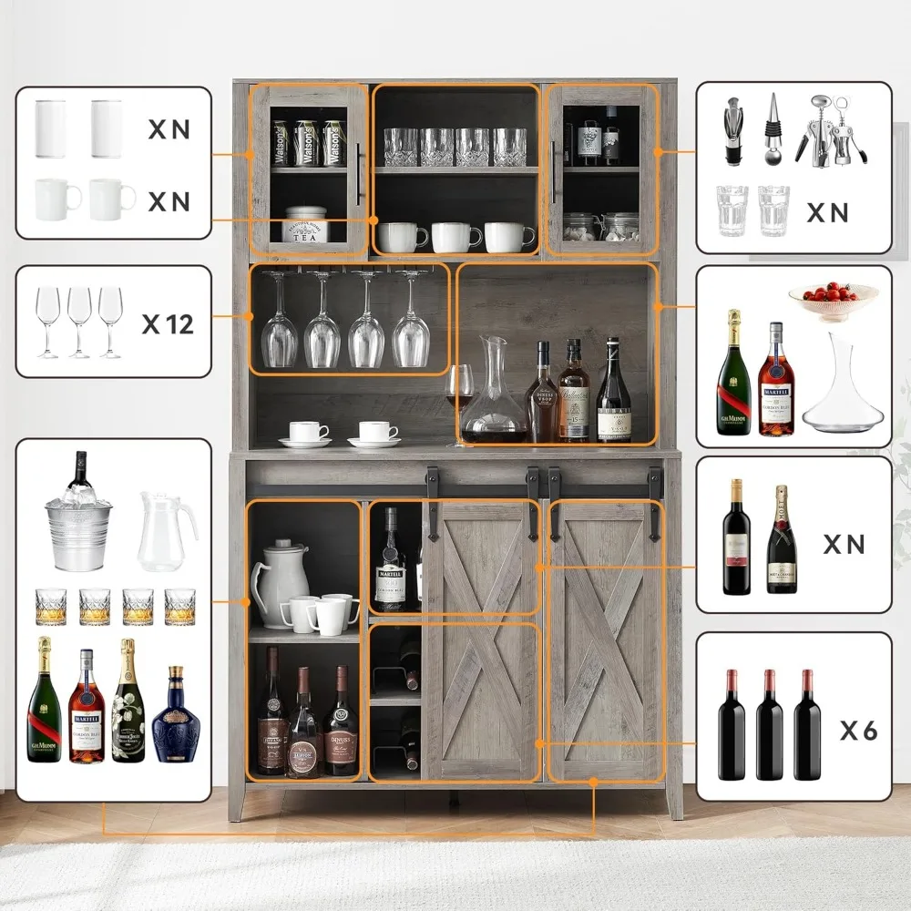 Szafka kawowa w stylu farmhouse z przesuwnymi drzwiami stodołowymi, szafka kuchenna 70'' z miejscem do przechowywania, regał na wino i kieliszki, wysoki kredens