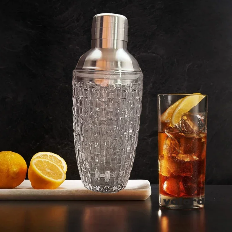 Glass Cocktail Shaker Martini Mocktail Making Set with Leakproof Metallic Steel Lid Woven Pattern Glass Cup Home Use Bar Gadget