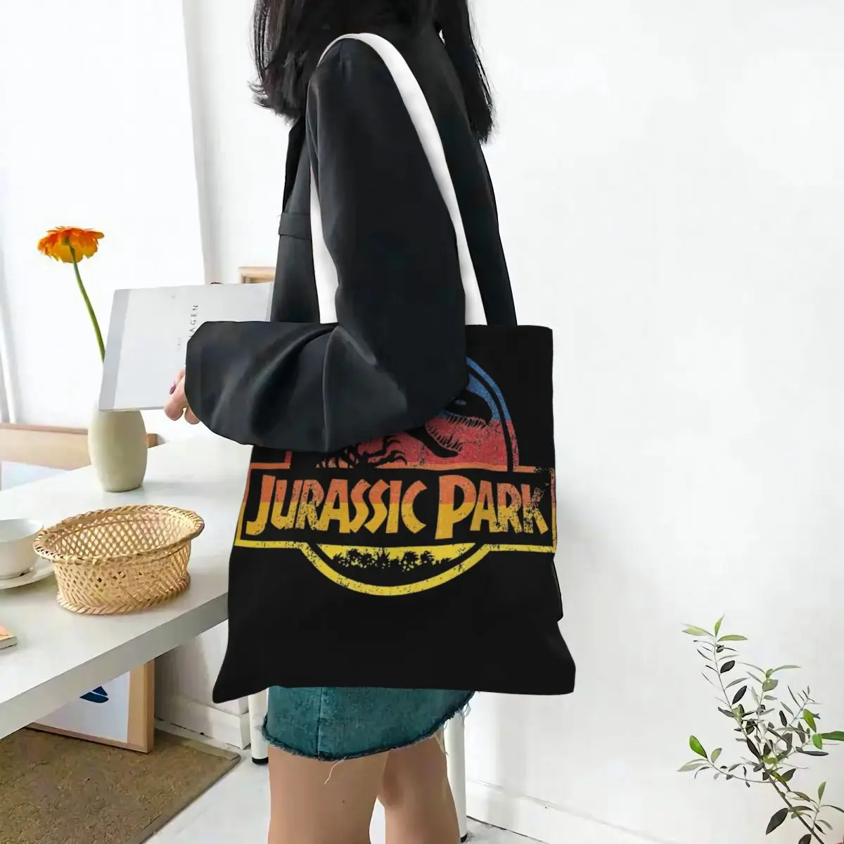 Unisex Jurassic Vintage Stripe Handbag, sacolas de compras reutilizáveis, lona Tote, Retro Grocery Bags, Stripe, Filme