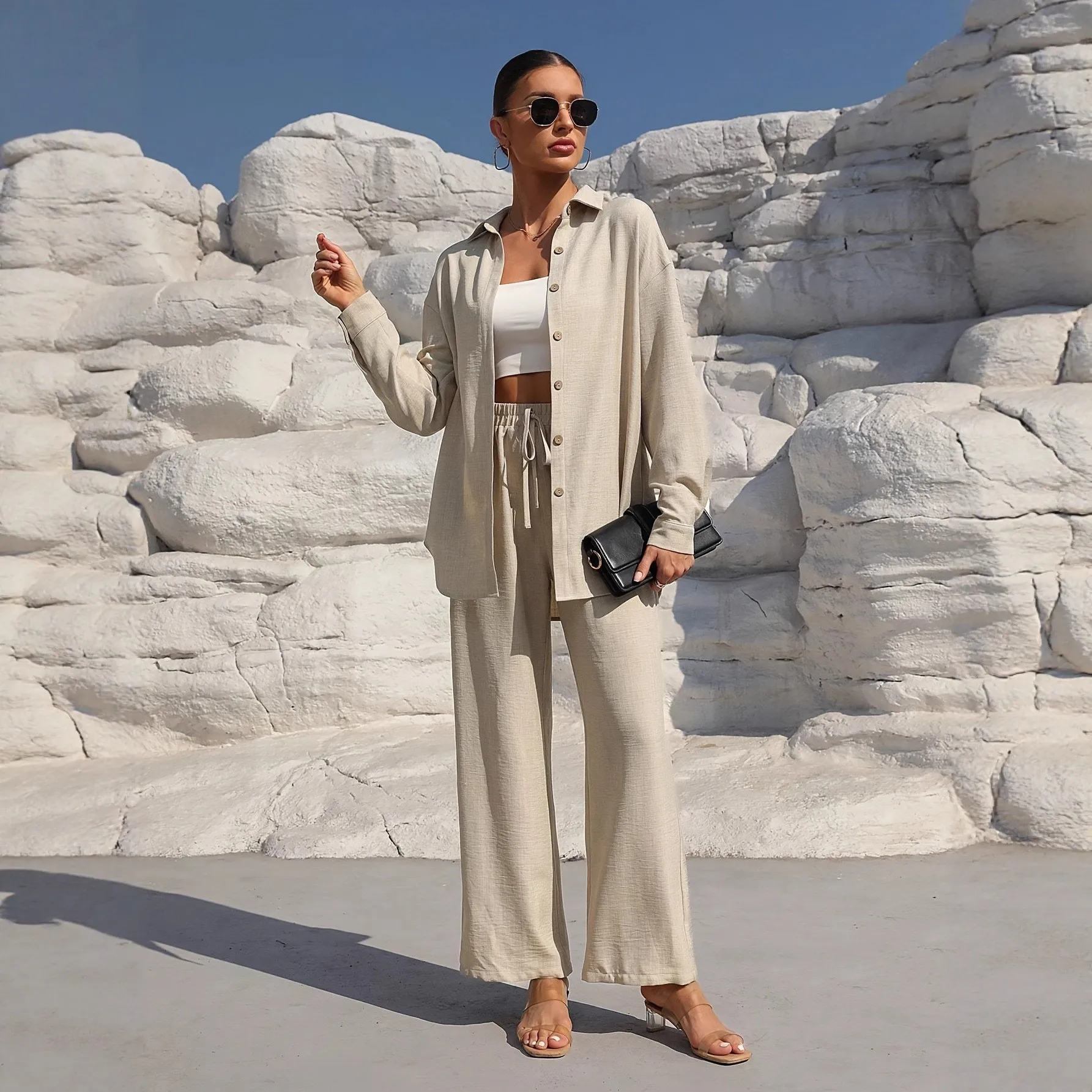 

Womens Matching Sets Long Sleeve Solid Color Crop Top Oversized Fit Beige Mustard Yellow Button Up Shirt with Wide Leg Pants