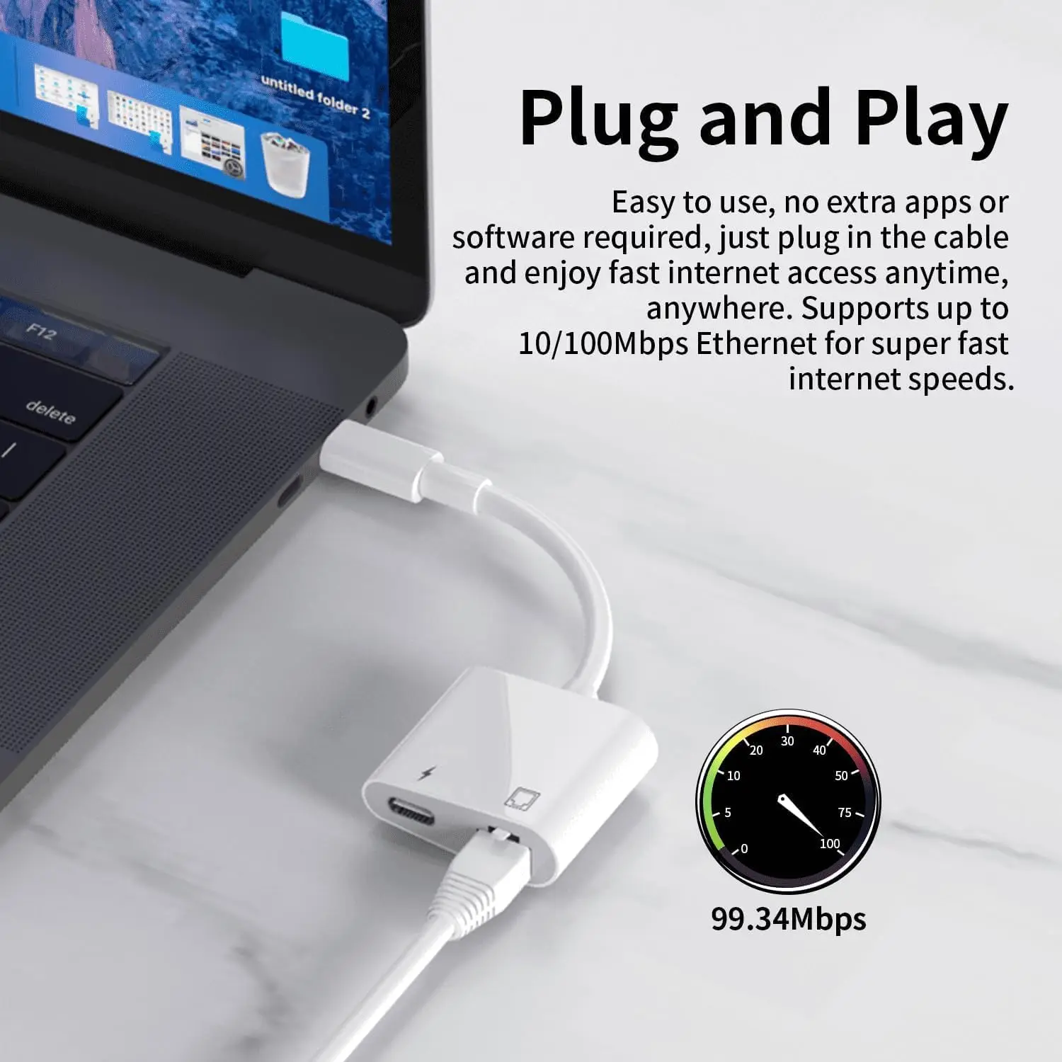 Apple MFi Certified USB C to Ethernet Adapter 2-in-1 RJ45 LAN Network Adapter with Type-C Charge Port 100M Data Transfer Speed