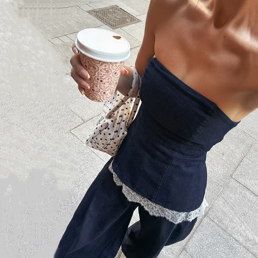 

Linad Street Chic Blue Trousers Suits 2026 Vintage Lace Off The Shoulder Vests With High Waist Long Pants Two Piece Set Women