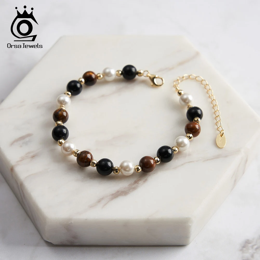 

ORSA JEWELS тигровый глаз бусины браслеты женские очаровательные браслеты-цепочки из серебра 925 пробы красочный браслет из натурального камня ювелирные изделия подарок GMB62