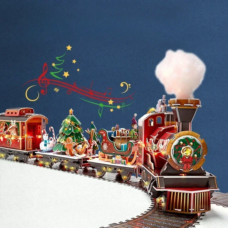 Diy trem de natal kits modelo de madeira personalizado 3d quebra-cabeças de madeira diorama com lâmpada música construir presente de aniversário de natal decente