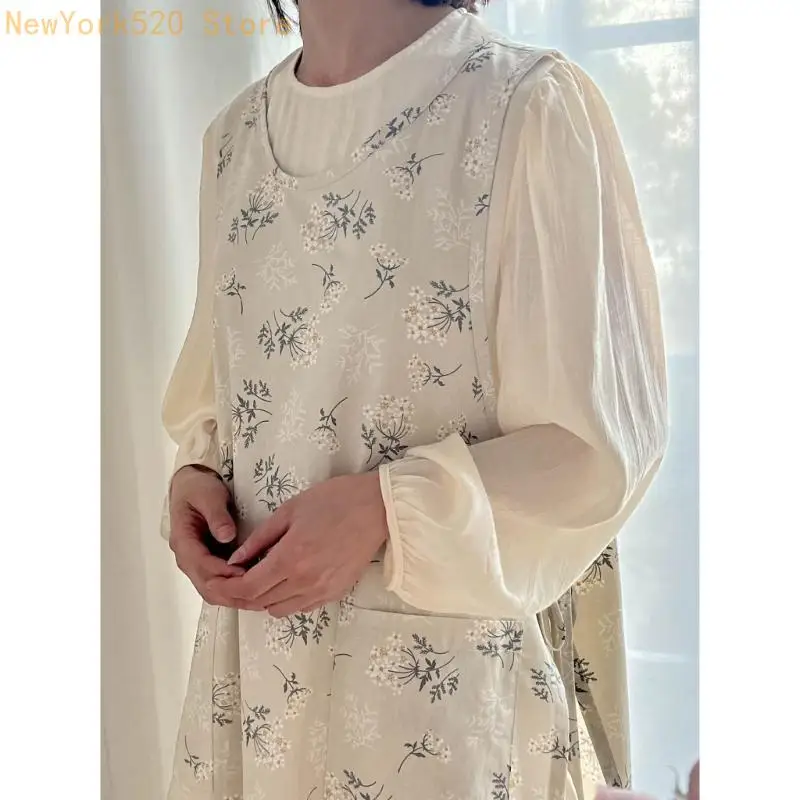 Split Front Apron With Double Pockets Floral Cotton Linen Kitchen Gardening Wear N84C