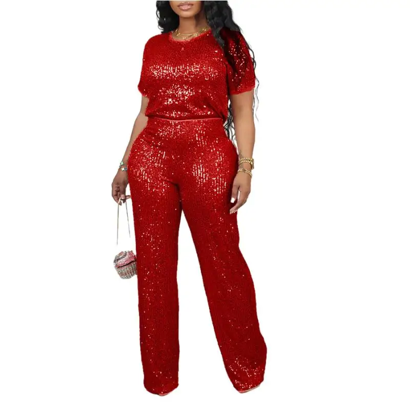 

African Clothes for Women 2 Piece African Short Sleeve Spring Summer Elegant O-neck Top Long Pant Matching Sets Sequin Outfits