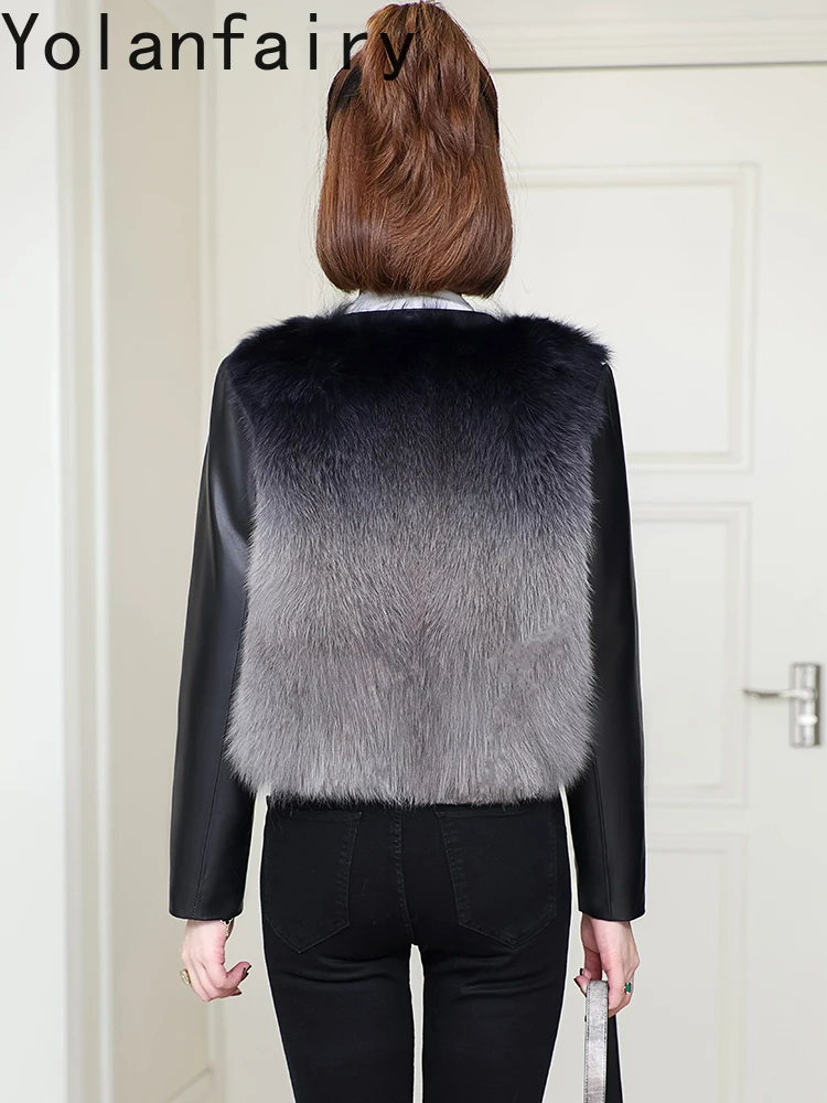 YOLANFAIRY Cappotto di pelliccia di volpe impiombato in vera pelle di pecora di alta qualità Donna Inverno Breve caldo Piumino O-Collo Giacca in vera pelle da donna