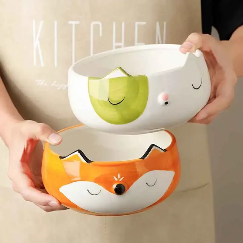 Hand Painted Fox Cat Dog Bowls Cute Animal Bowl For Salad Fruit Noodle Rice Soup Creative Underglaze Ceramic Children Tableware