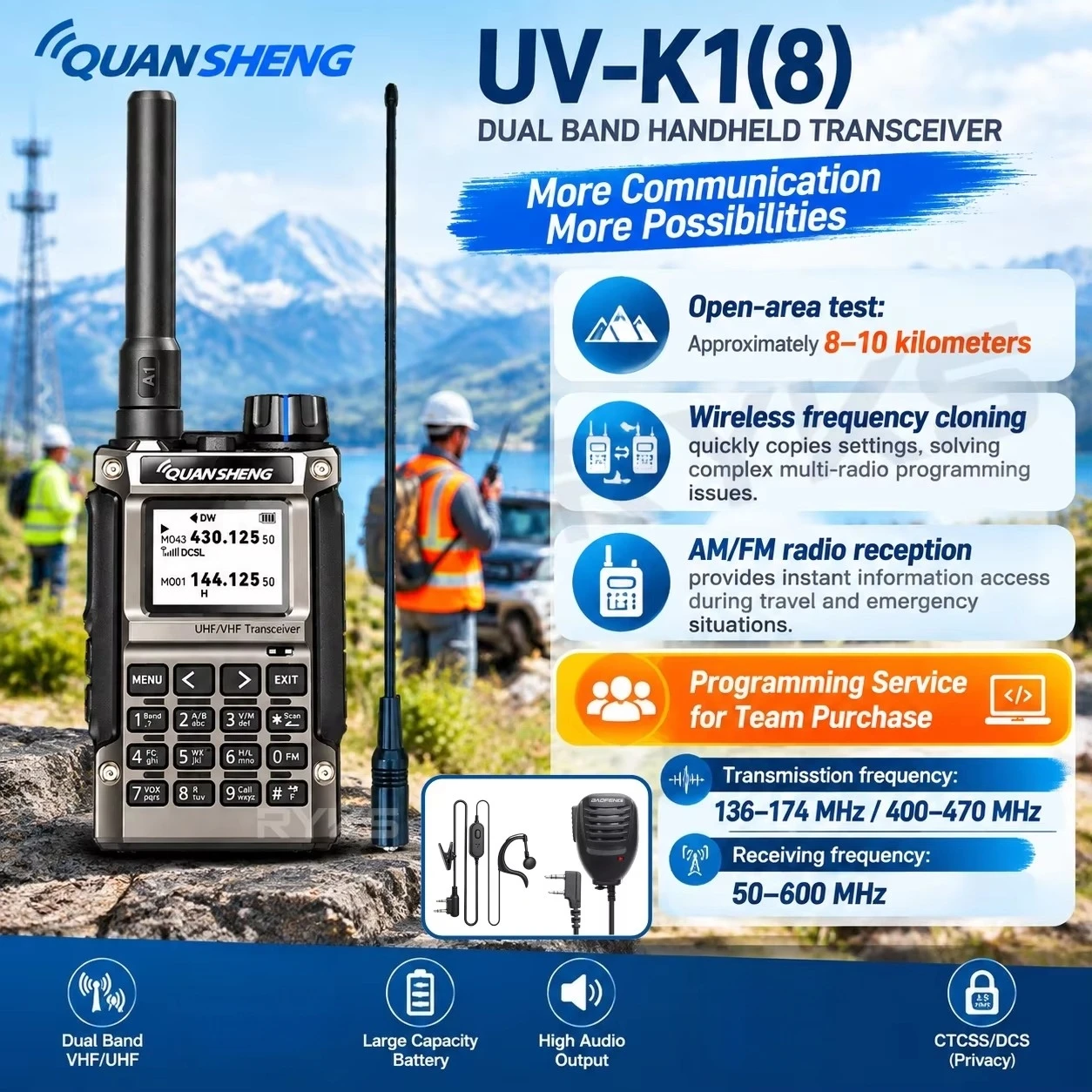 QUANSHENG UV-K1(8) 5W Dual Band Walkie Talkie VHF UHF Radio Outdoor Adventure Camping Hiking Hunting Communication