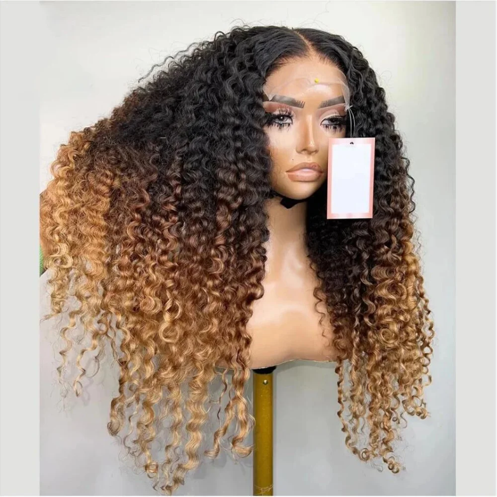 Soft 26Inch Long Ombre Brown Kinky Curly 180Density Glueless Deep Lace Front Wig For Women With Baby Hair Preplucked Daily
