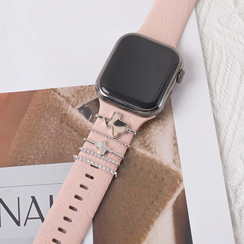 Set Gandulan Cincin Gelang Jam Silikon untuk Apple Strap Leopard Moon Heart Accessories Cincin Stud Mempesona untuk Dekorasi Tali Iwatch