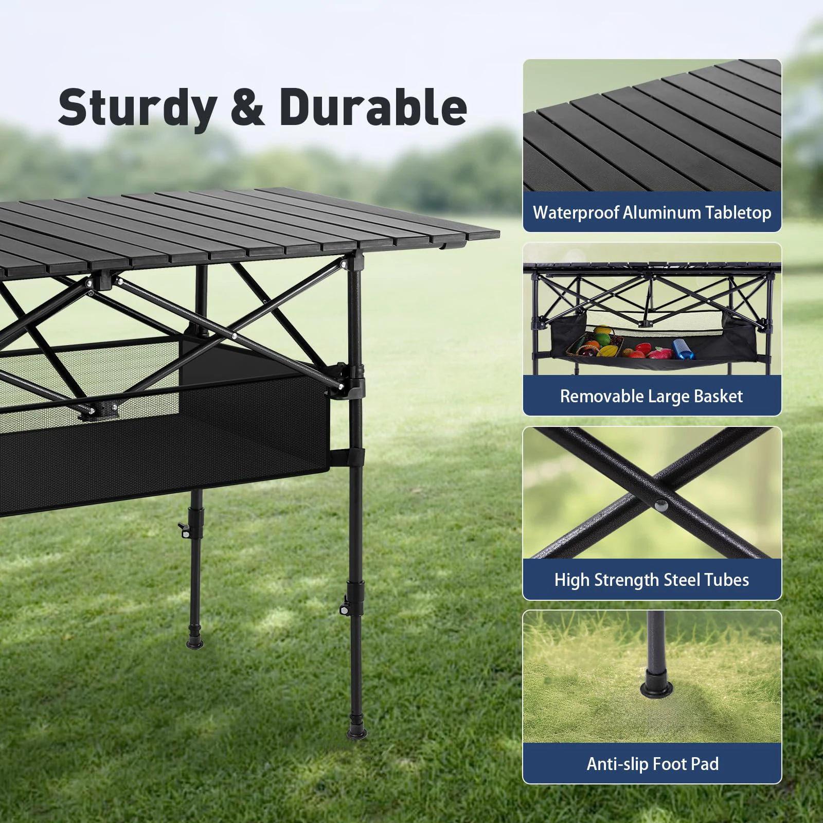 Portable Aluminum Camping Table with Under-Table Storage Organizer for Outdoor Activities, Picnics, Barbecues, Parties