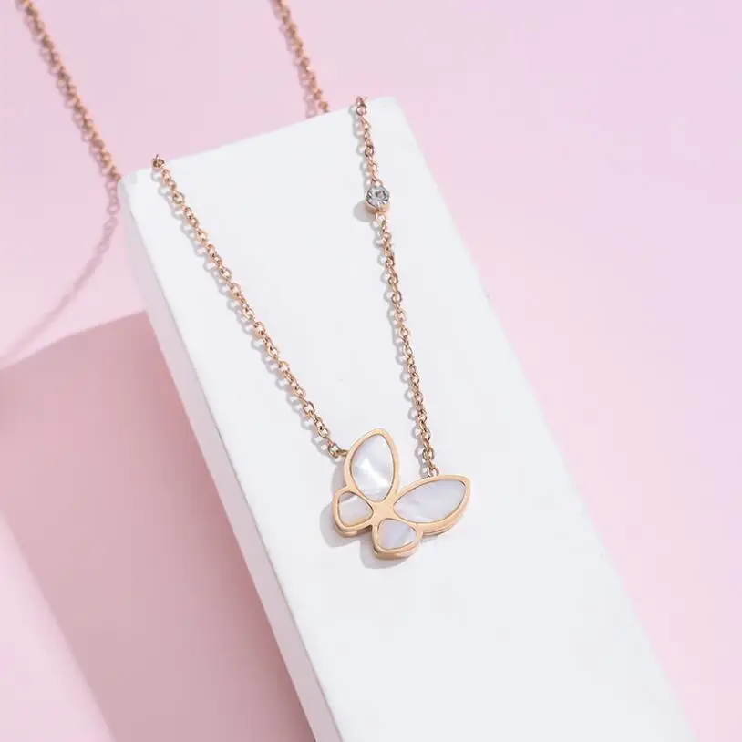 316L Stainless Steel Fashion Fine High-end Jewelry Natural Shell Zircon Butterfly Charms Collier Necklaces Pendants For Women