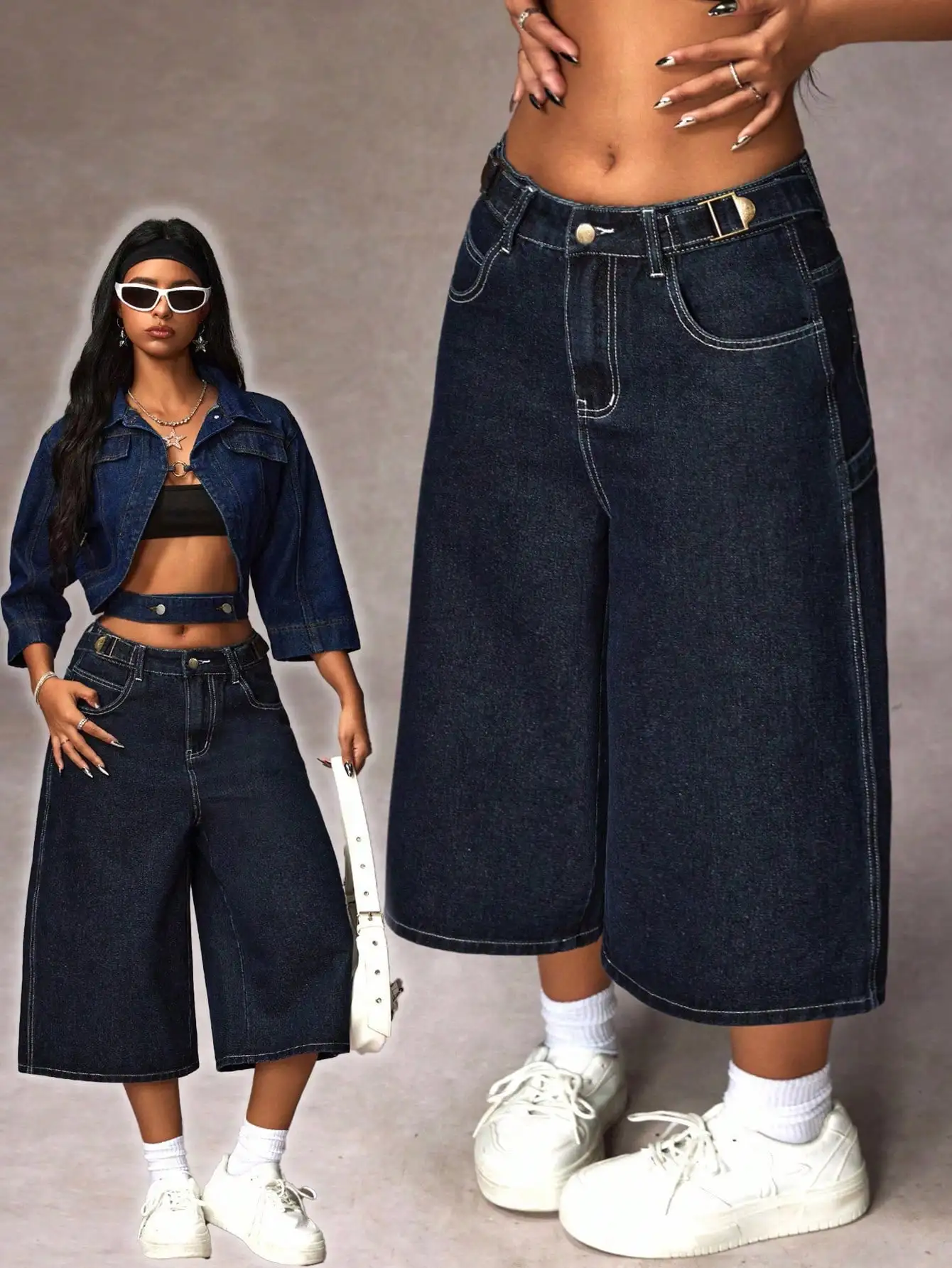 

Женские джинсы-капри с широкими штанинами - свободный крой, высокая талия, с петлями для ремня