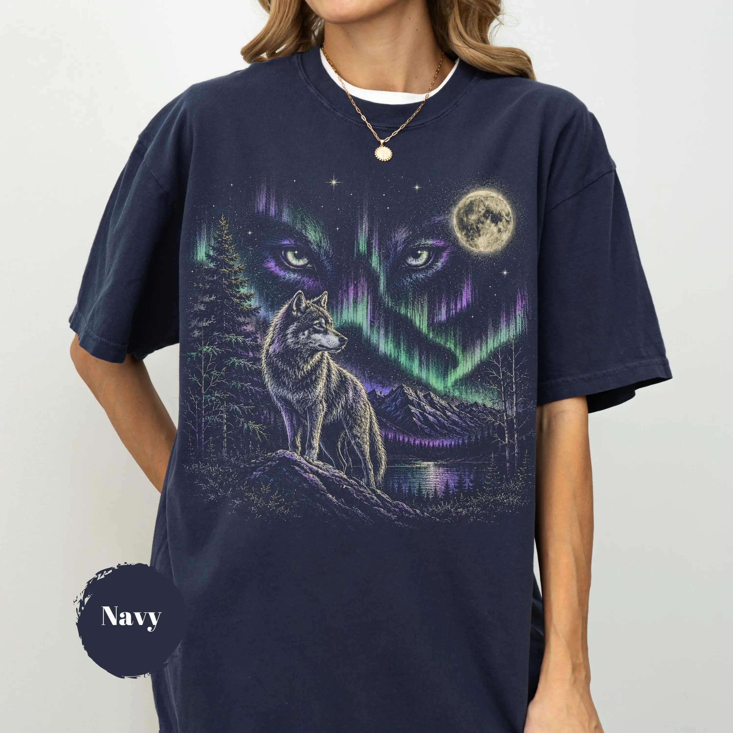Vintage Wolf Moon Shirt, Retro Forest Wolf Graphic Tee, Northern Lights Nature Apparel, Wildlife Lover Gift, 90s Outdoor T-shirt